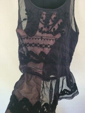 American Eagle Black Sheer Front Lace Embroidered Mesh Tank Top